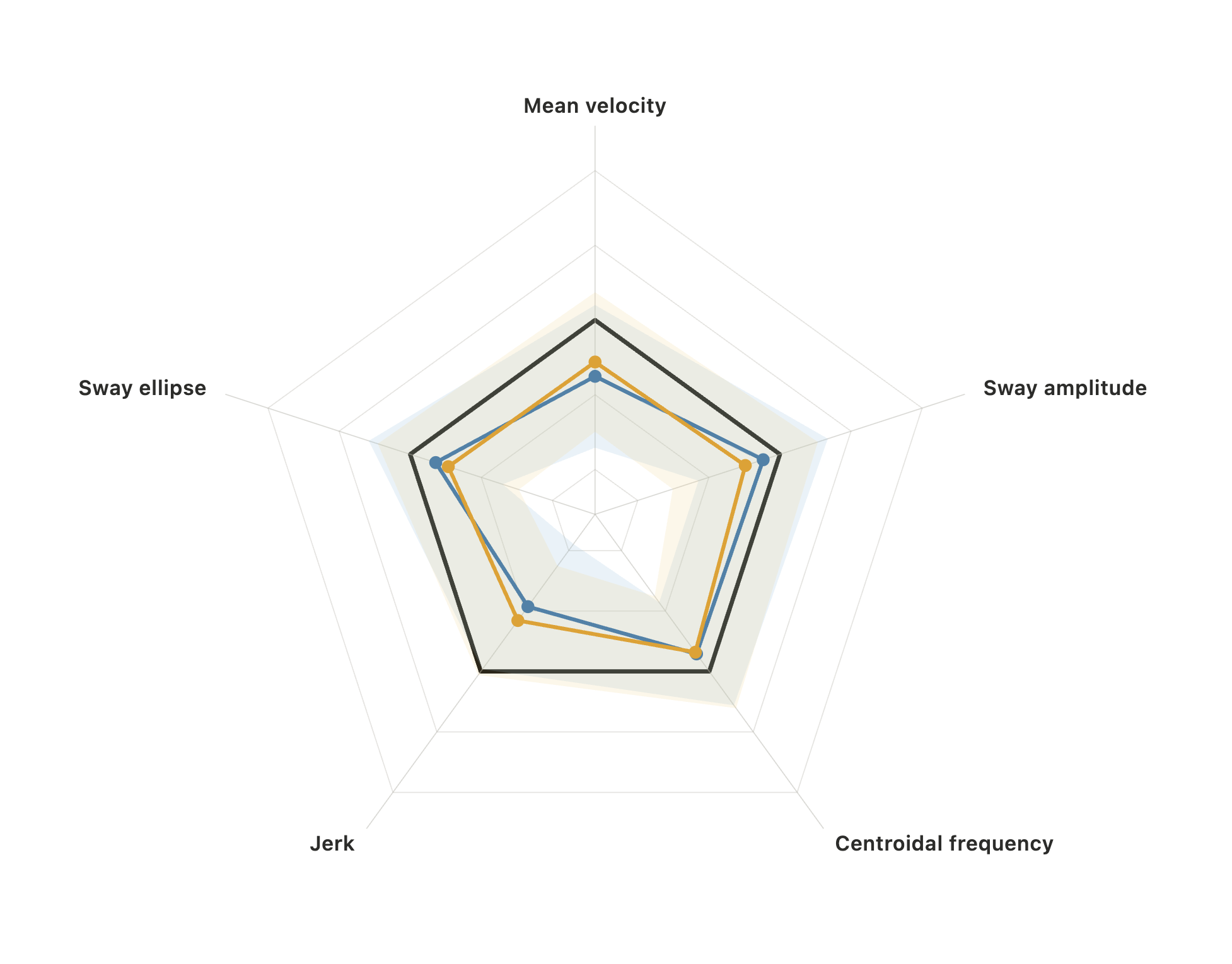 Radar comparing firm ground with eyes open (C1, blue) and eyes closed (C2, orange). The two outlines almost trace each other and their bands overlap heavily; the eyes-closed round is slightly smaller on sway ellipse and sway amplitude and slightly larger on mean velocity and jerk.