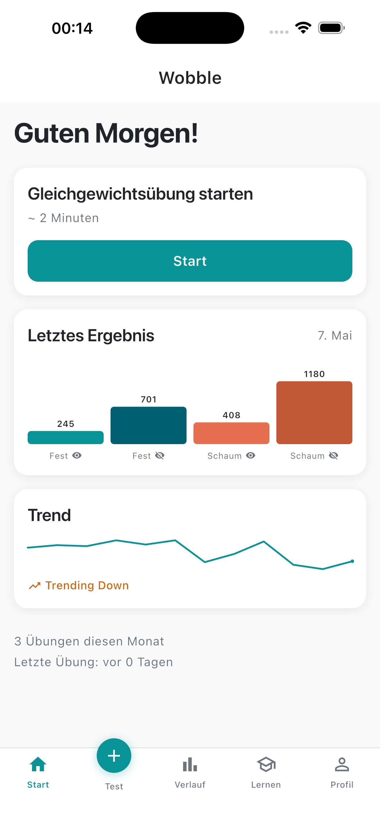 Wobble-Startbildschirm mit Begrüßung, der Karte „Gleichgewichtstest starten", aktuellem Ergebnis-Panel und einem absteigenden Trend-Diagramm.