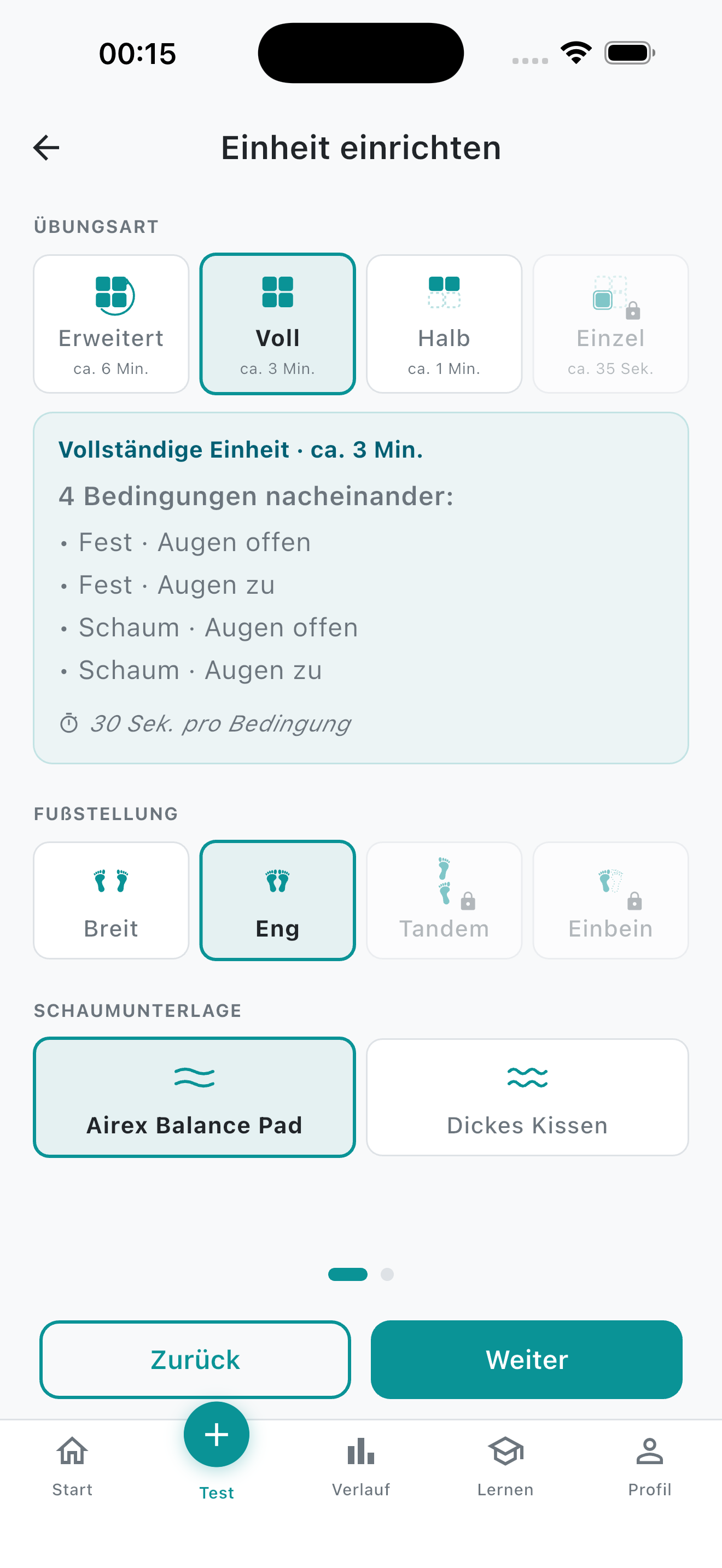 Setup-Screen des Assistenten mit Kacheln für Testtyp, Stand und Schaumstoff-Variante.