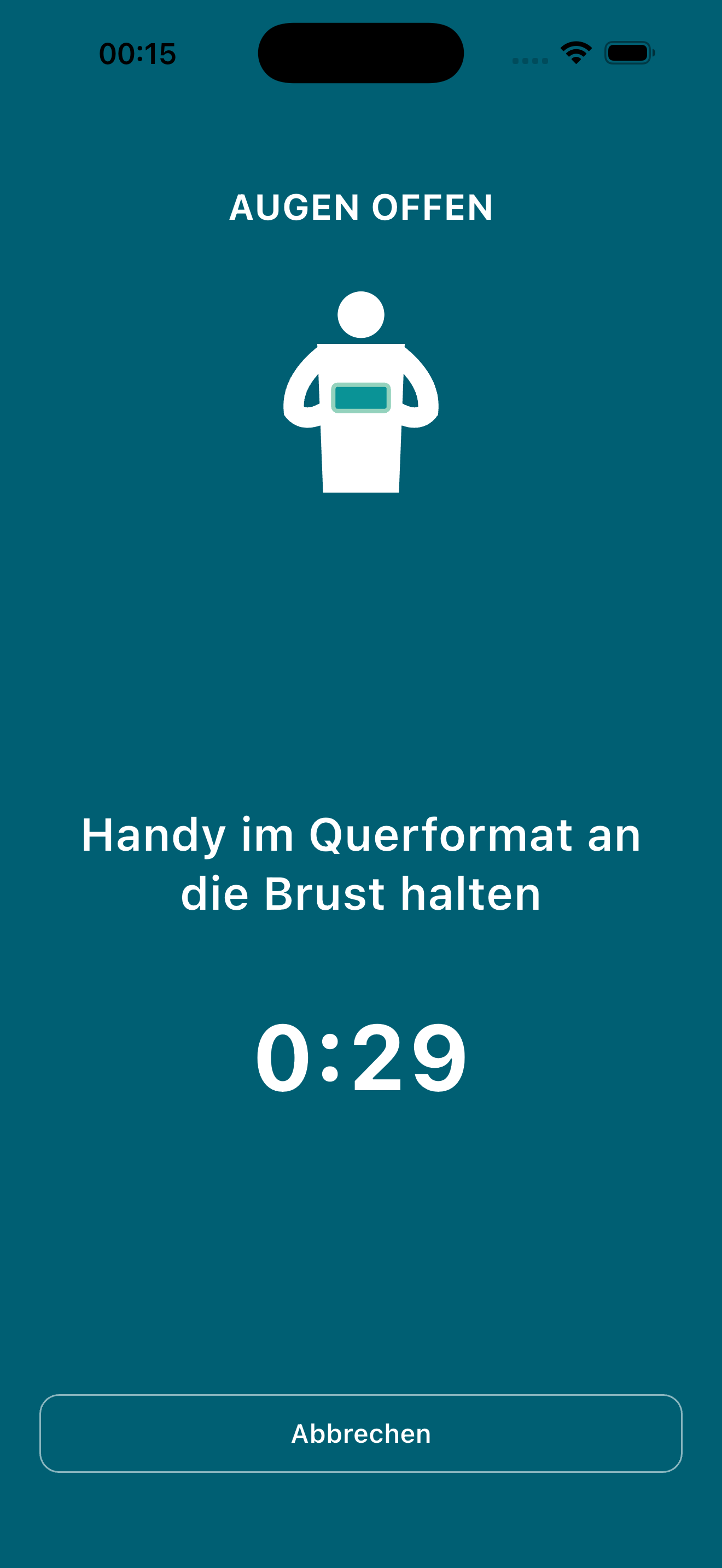 Aufnahme-Screen mit Handy-an-Brust-Körperdiagramm und 30-Sekunden-Countdown für die Augen-offen-Phase.