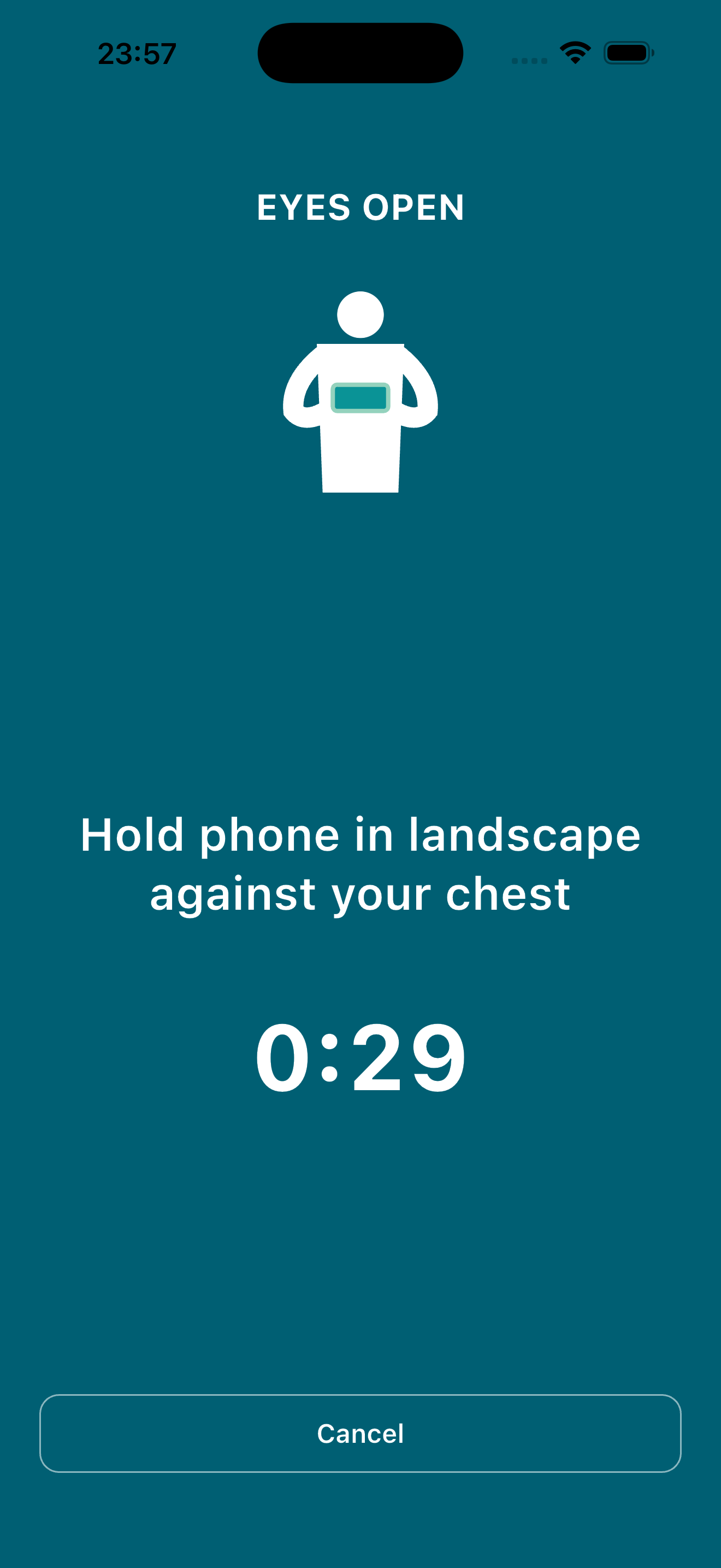 Recording screen showing a phone-to-chest body diagram and a 30-second countdown for the eyes-open phase.